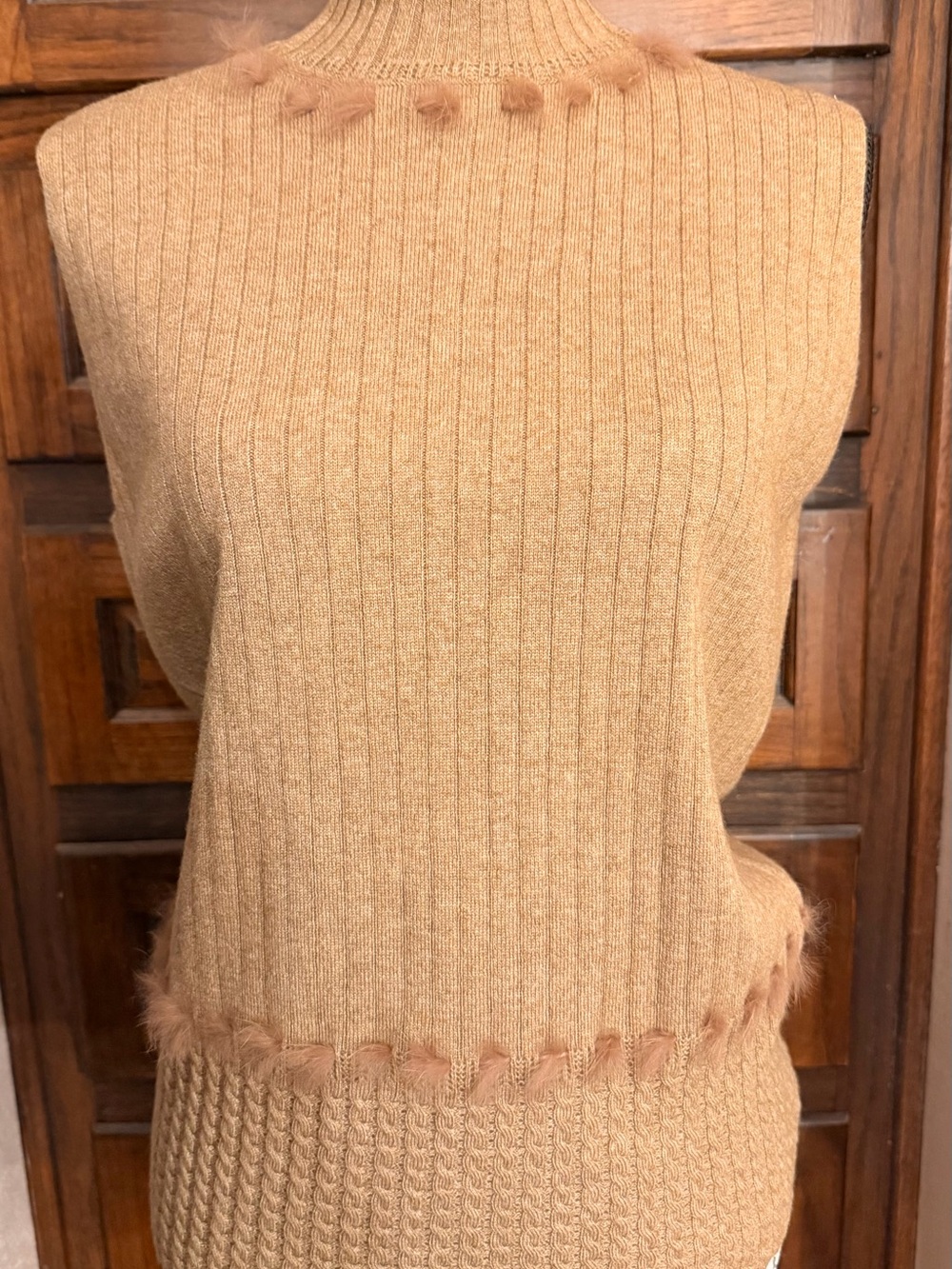Escada Camel Ribbed Knitwear with Feather Trim